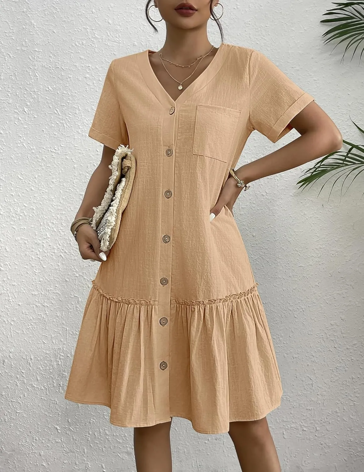 HOTOUCH Women Button Down Dress Loose Summer Cotton Linen Dress Ruffle Hem Casual Dress Short Sleeve Tunic Dress