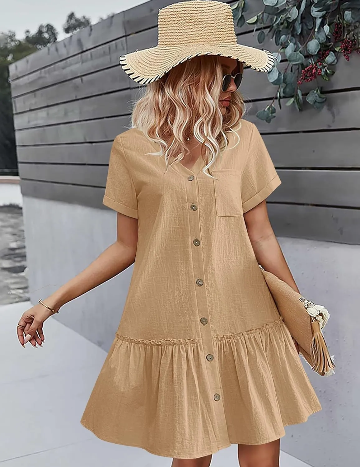 HOTOUCH Women Button Down Dress Loose Summer Cotton Linen Dress Ruffle Hem Casual Dress Short Sleeve Tunic Dress