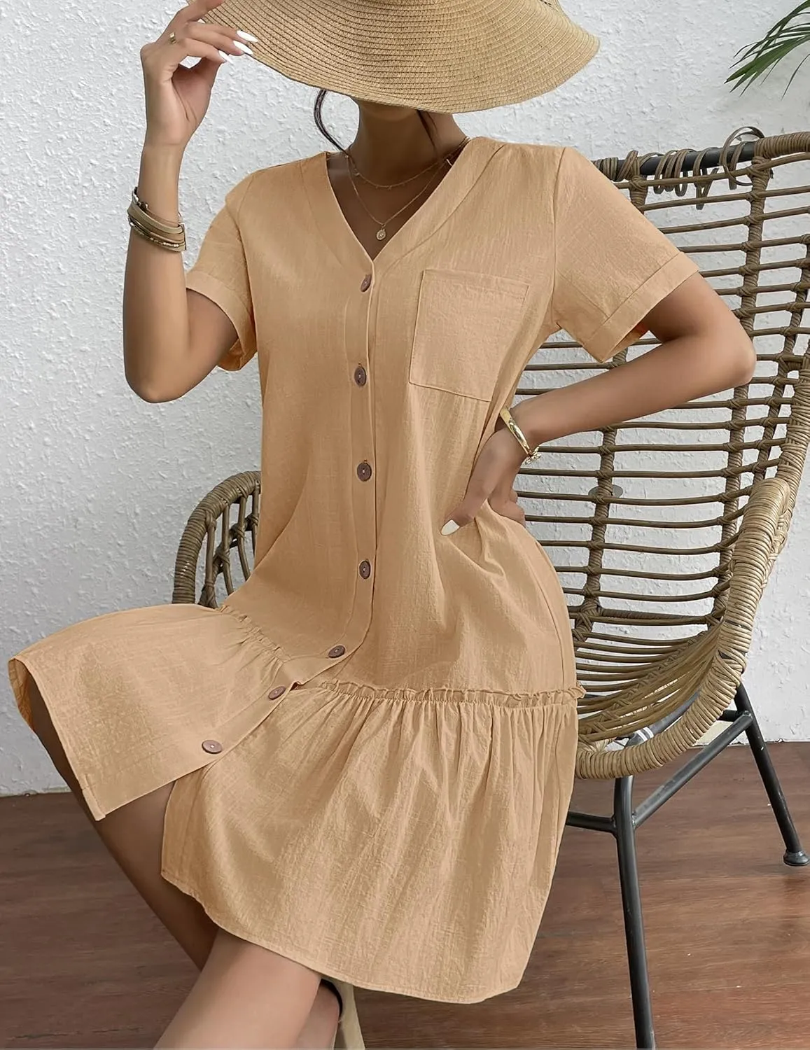 HOTOUCH Women Button Down Dress Loose Summer Cotton Linen Dress Ruffle Hem Casual Dress Short Sleeve Tunic Dress