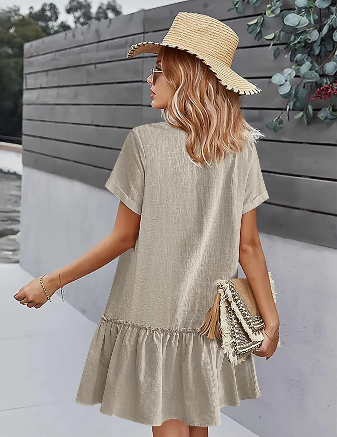 HOTOUCH Women Button Down Dress Loose Summer Cotton Linen Dress Ruffle Hem Casual Dress Short Sleeve Tunic Dress