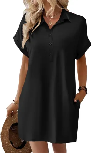 HOTOUCH Womens Summer Shirt Dress Short Sleeve Floral Shift Dresses Casual Loose Flowy Beach Sundress with Pockets