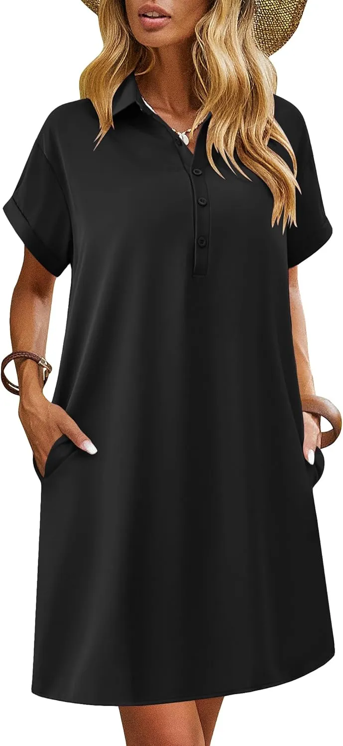 HOTOUCH Womens Summer Shirt Dress Short Sleeve Floral Shift Dresses Casual Loose Flowy Beach Sundress with Pockets