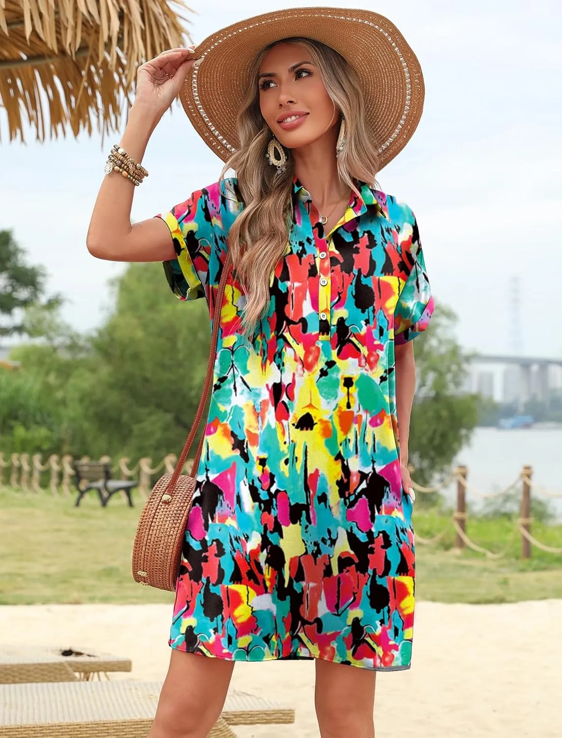 HOTOUCH Womens Summer Shirt Dress Short Sleeve Floral Shift Dresses Casual Loose Flowy Beach Sundress with Pockets