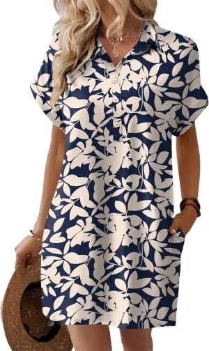HOTOUCH Womens Summer Shirt Dress Short Sleeve Floral Shift Dresses Casual Loose Flowy Beach Sundress with Pockets