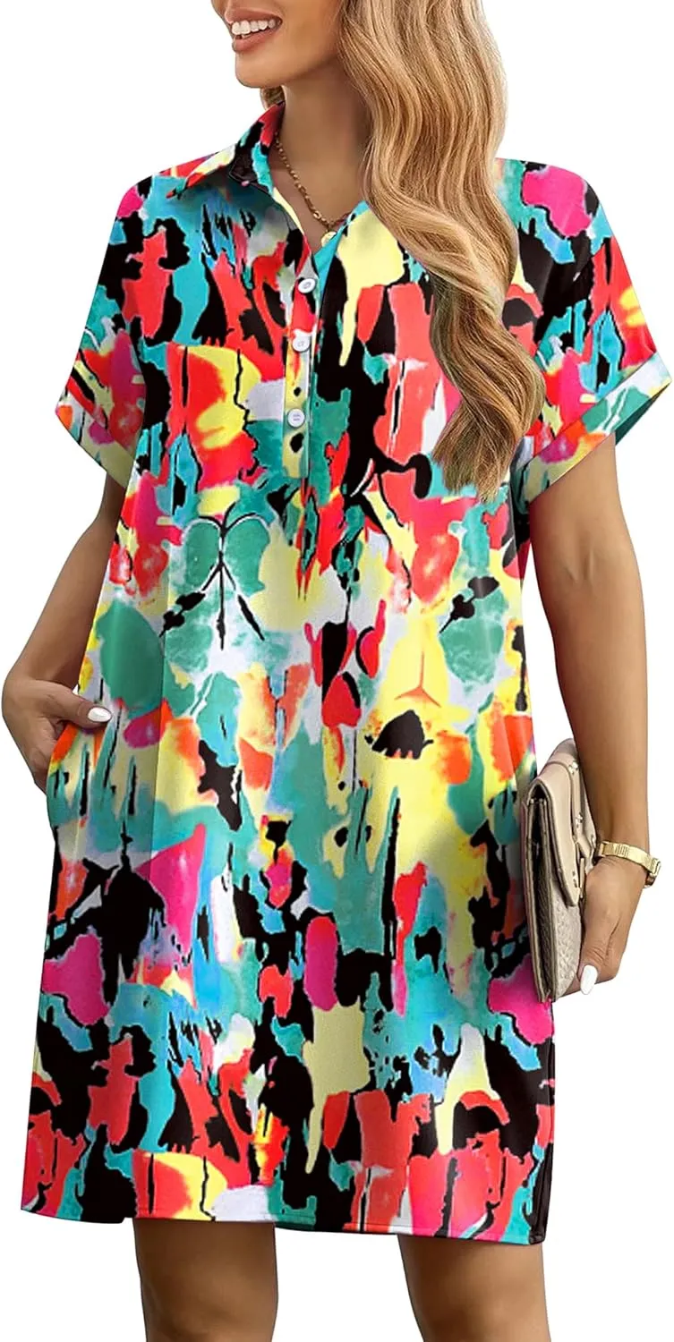 HOTOUCH Womens Summer Shirt Dress Short Sleeve Floral Shift Dresses Casual Loose Flowy Beach Sundress with Pockets