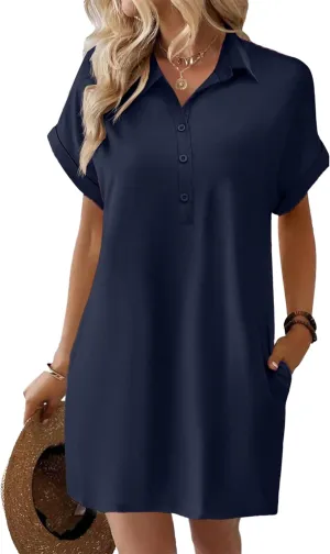 HOTOUCH Womens Summer Shirt Dress Short Sleeve Floral Shift Dresses Casual Loose Flowy Beach Sundress with Pockets