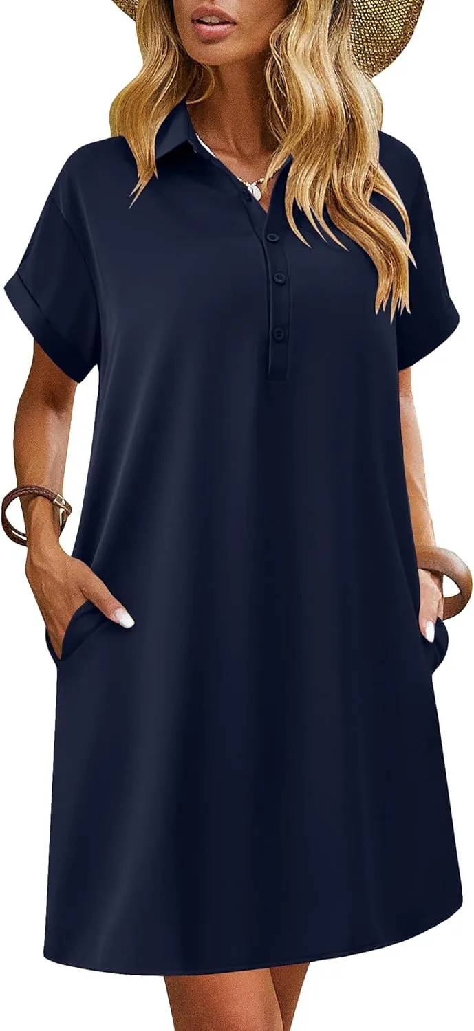 HOTOUCH Womens Summer Shirt Dress Short Sleeve Floral Shift Dresses Casual Loose Flowy Beach Sundress with Pockets