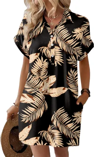 HOTOUCH Womens Summer Shirt Dress Short Sleeve Floral Shift Dresses Casual Loose Flowy Beach Sundress with Pockets