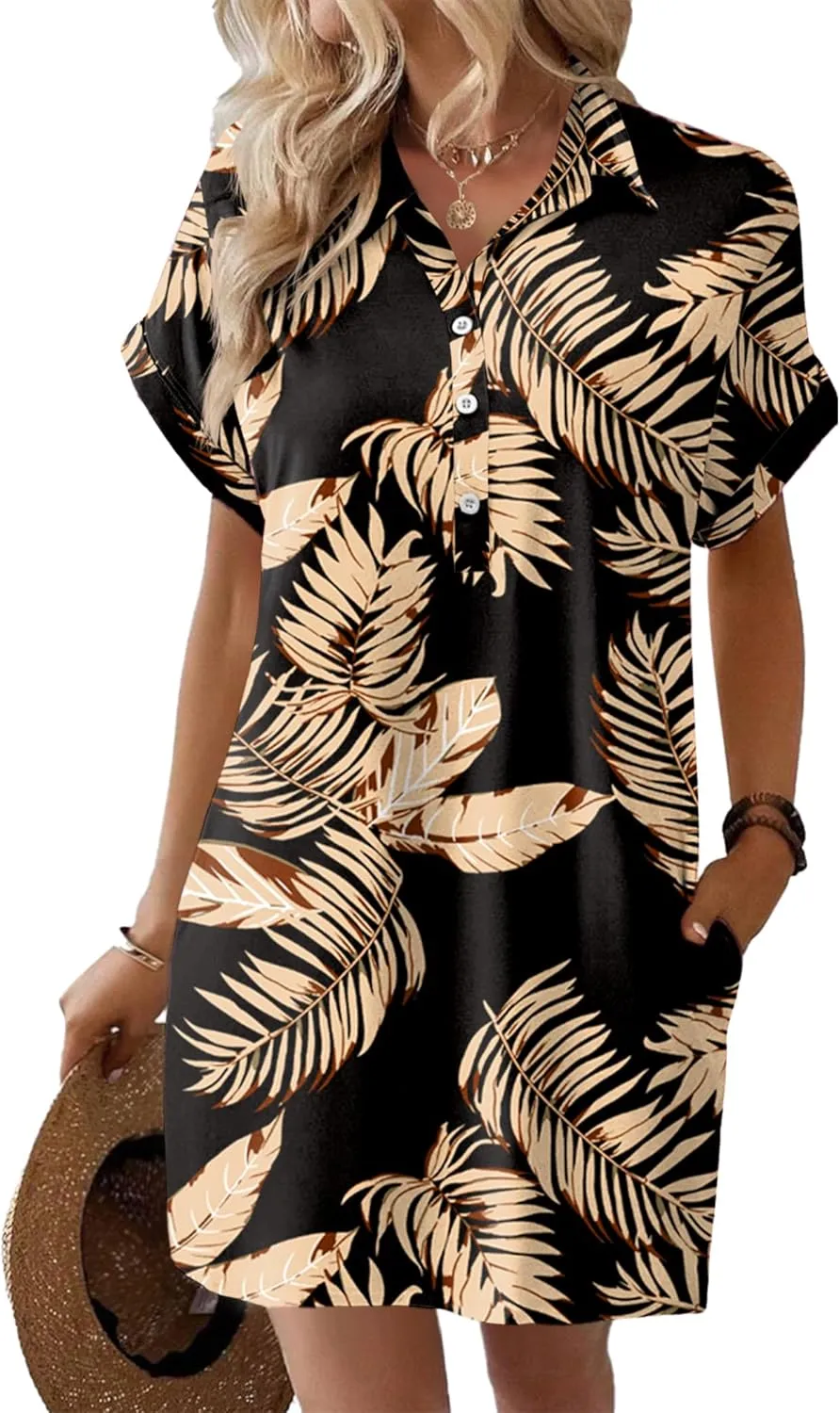 HOTOUCH Womens Summer Shirt Dress Short Sleeve Floral Shift Dresses Casual Loose Flowy Beach Sundress with Pockets