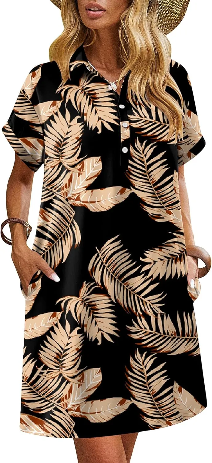 HOTOUCH Womens Summer Shirt Dress Short Sleeve Floral Shift Dresses Casual Loose Flowy Beach Sundress with Pockets