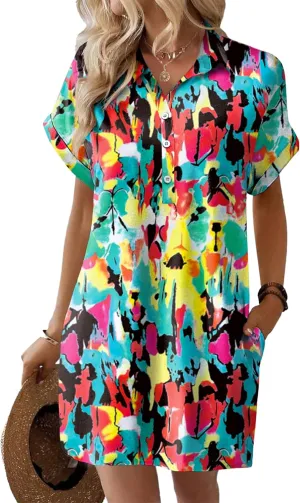 HOTOUCH Womens Summer Shirt Dress Short Sleeve Floral Shift Dresses Casual Loose Flowy Beach Sundress with Pockets