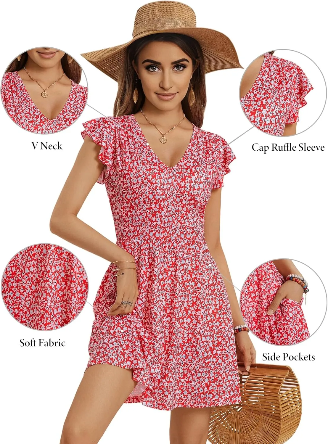 HUHOT Women's Summer Casual Sundresses with Pocket V Neck Spring Floral Mini Beach Vacation Dress 2025
