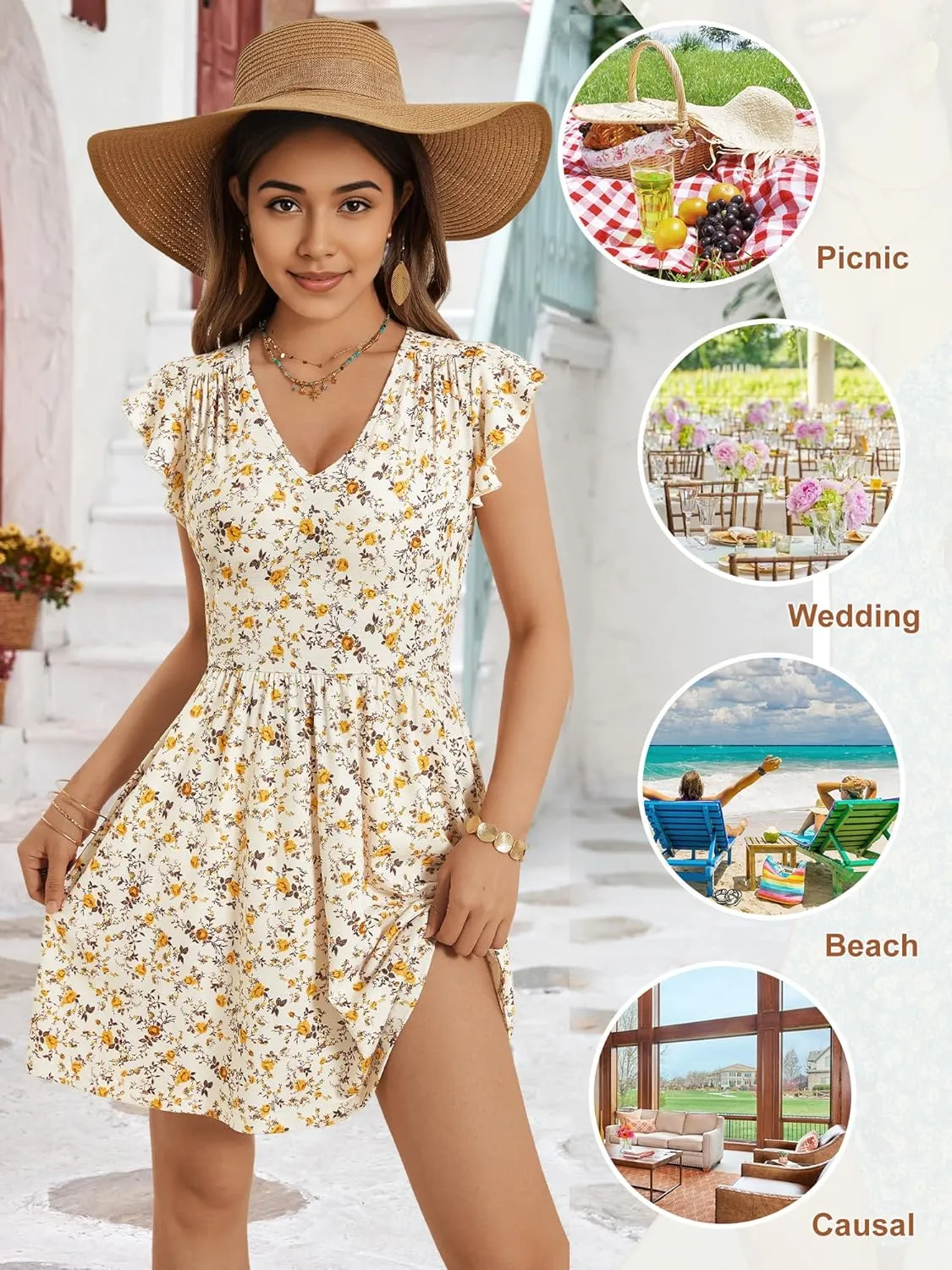 HUHOT Women's Summer Casual Sundresses with Pocket V Neck Spring Floral Mini Beach Vacation Dress 2025