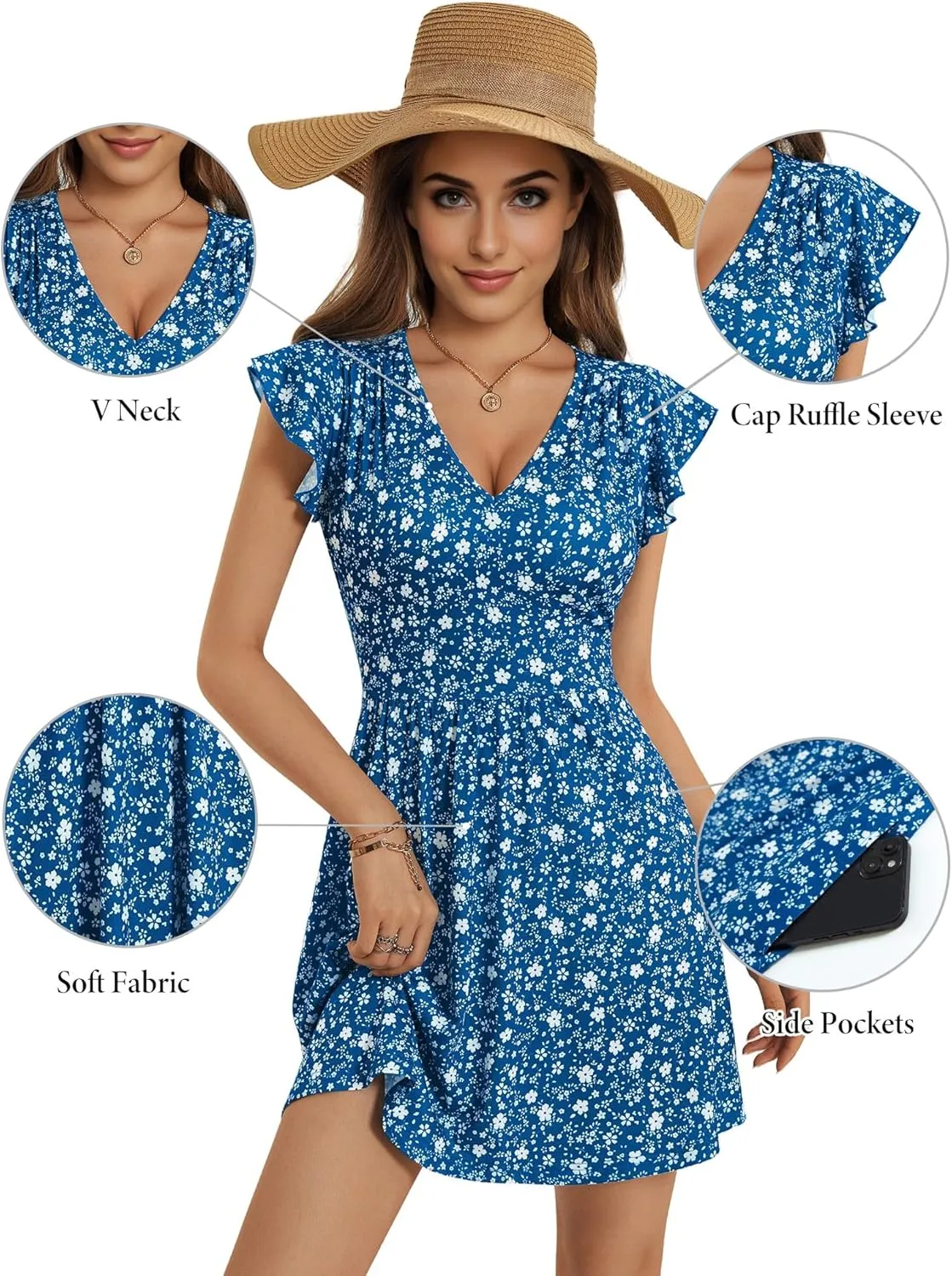 HUHOT Women's Summer Casual Sundresses with Pocket V Neck Spring Floral Mini Beach Vacation Dress 2025