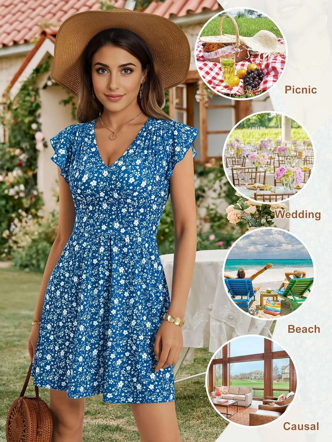 HUHOT Women's Summer Casual Sundresses with Pocket V Neck Spring Floral Mini Beach Vacation Dress 2025