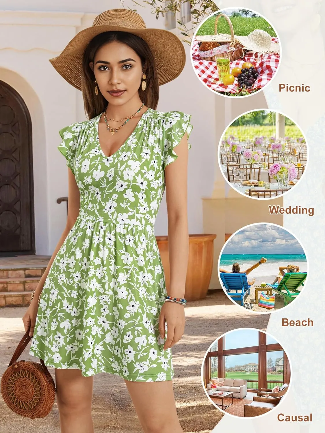 HUHOT Women's Summer Casual Sundresses with Pocket V Neck Spring Floral Mini Beach Vacation Dress 2025