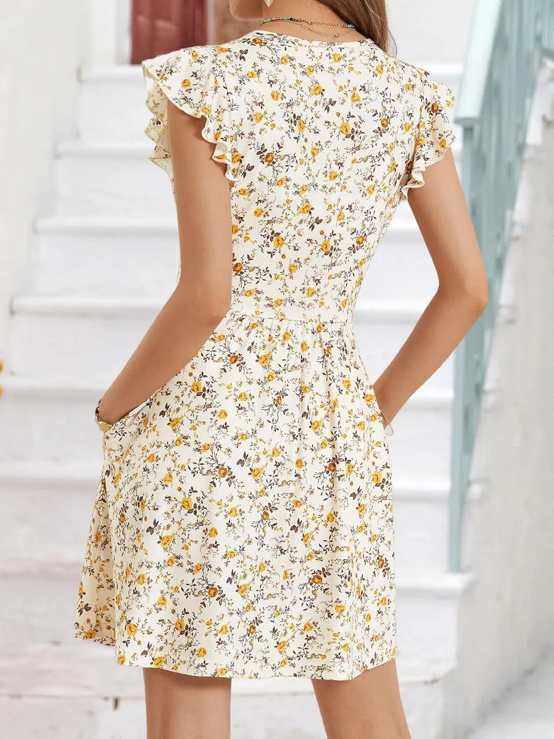 HUHOT Women's Summer Casual Sundresses with Pocket V Neck Spring Floral Mini Beach Vacation Dress 2025