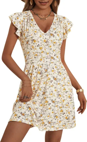 HUHOT Women's Summer Casual Sundresses with Pocket V Neck Spring Floral Mini Beach Vacation Dress 2025