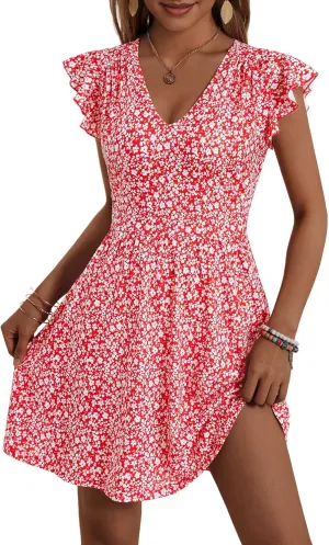 HUHOT Women's Summer Casual Sundresses with Pocket V Neck Spring Floral Mini Beach Vacation Dress 2025