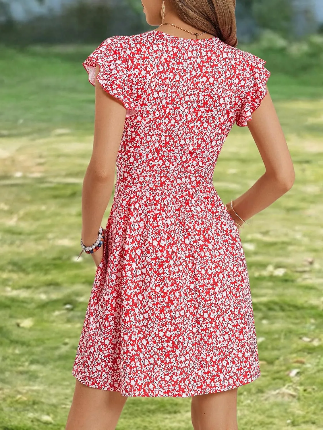 HUHOT Women's Summer Casual Sundresses with Pocket V Neck Spring Floral Mini Beach Vacation Dress 2025