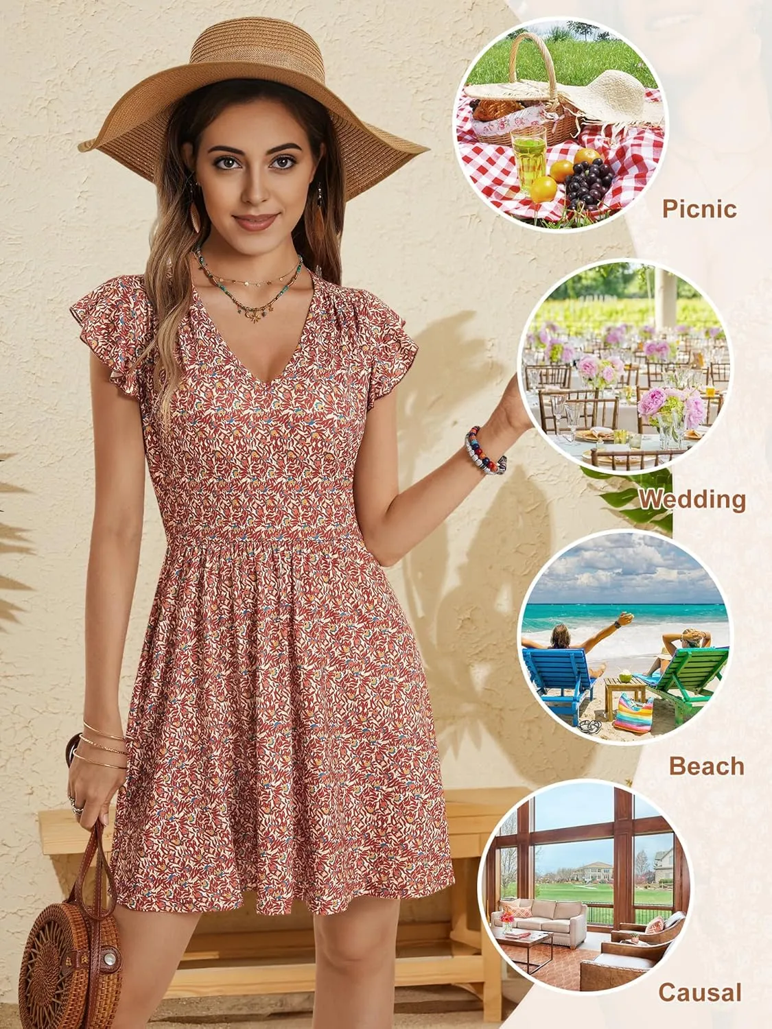 HUHOT Women's Summer Casual Sundresses with Pocket V Neck Spring Floral Mini Beach Vacation Dress 2025