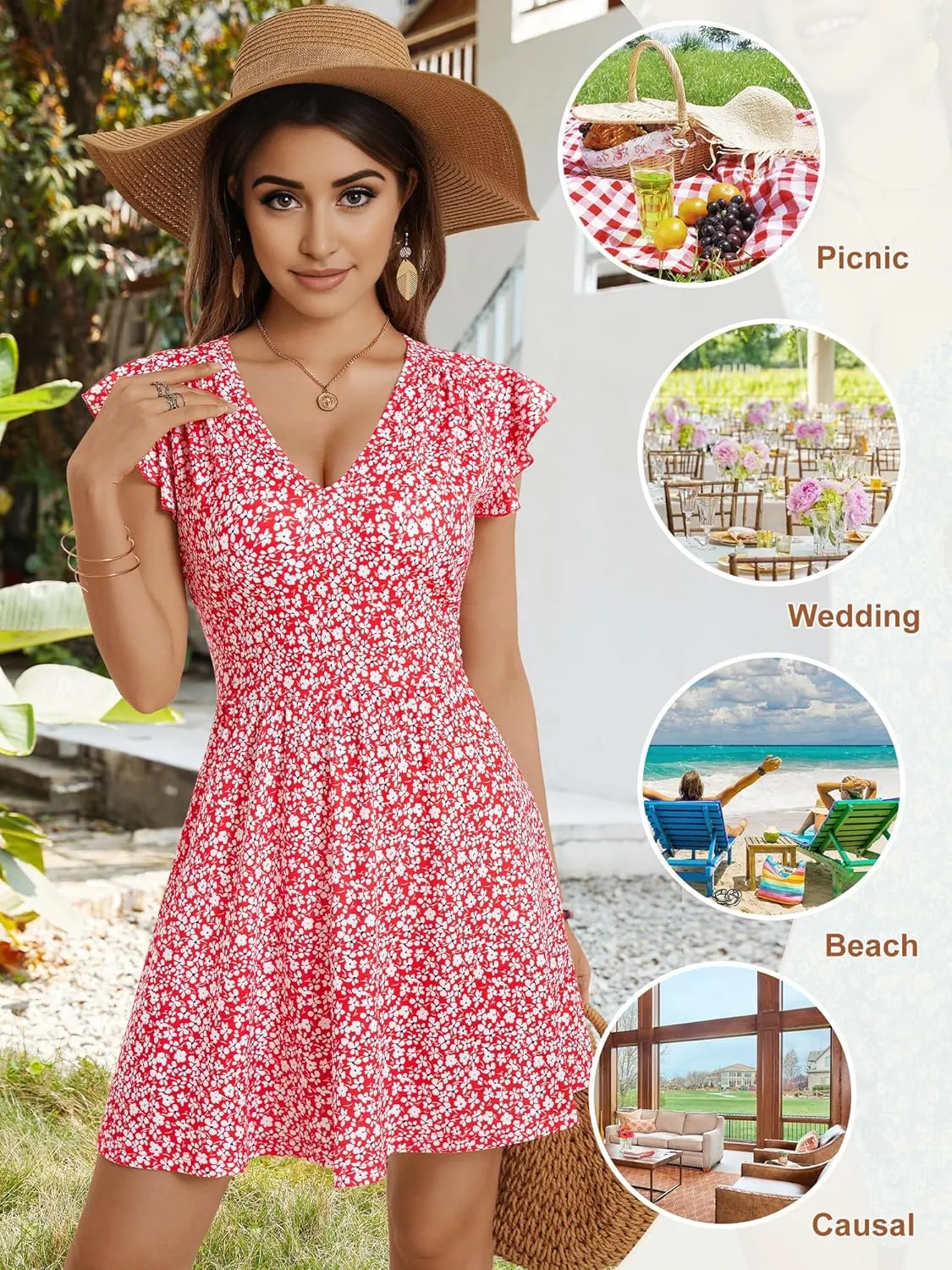 HUHOT Women's Summer Casual Sundresses with Pocket V Neck Spring Floral Mini Beach Vacation Dress 2025