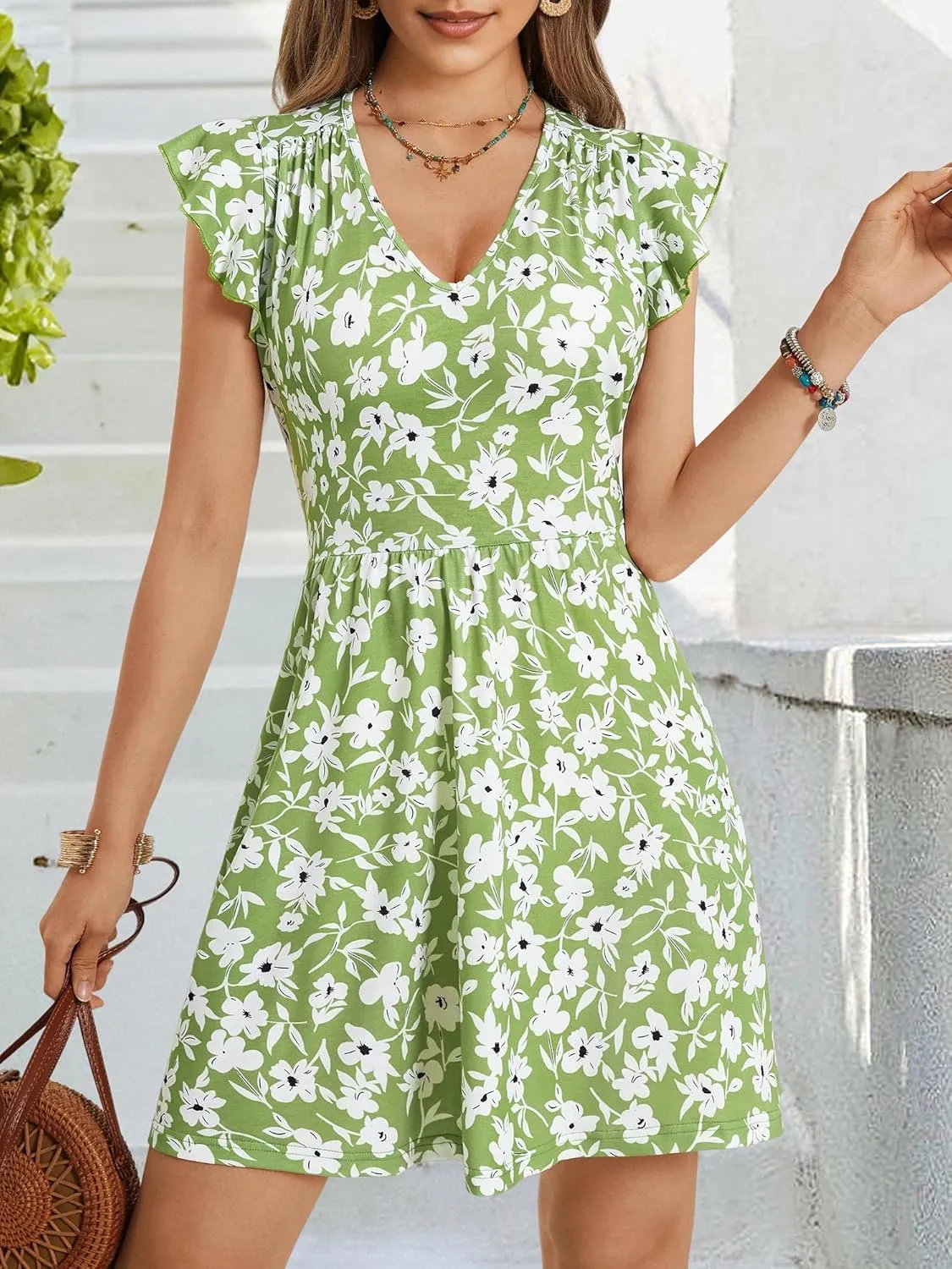 HUHOT Women's Summer Casual Sundresses with Pocket V Neck Spring Floral Mini Beach Vacation Dress 2025