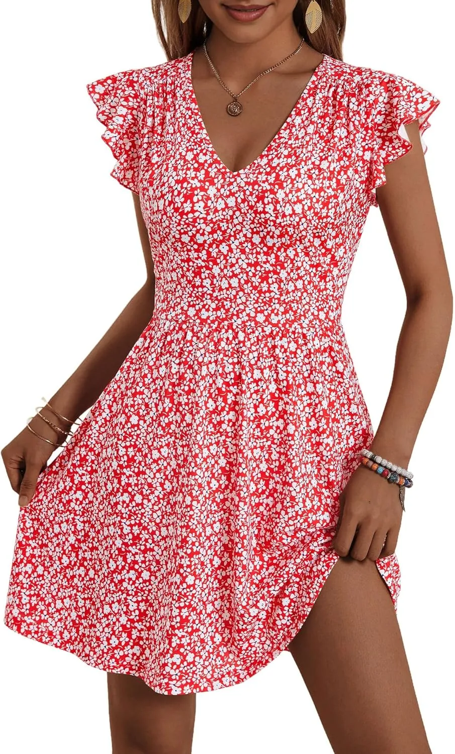 HUHOT Women's Summer Casual Sundresses with Pocket V Neck Spring Floral Mini Beach Vacation Dress 2025