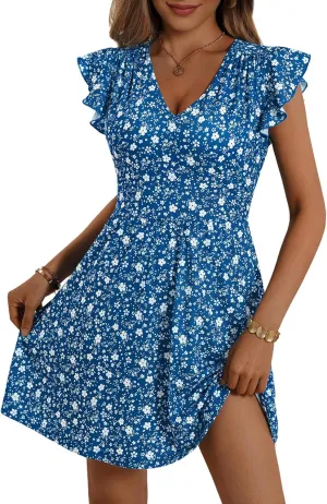 HUHOT Women's Summer Casual Sundresses with Pocket V Neck Spring Floral Mini Beach Vacation Dress 2025