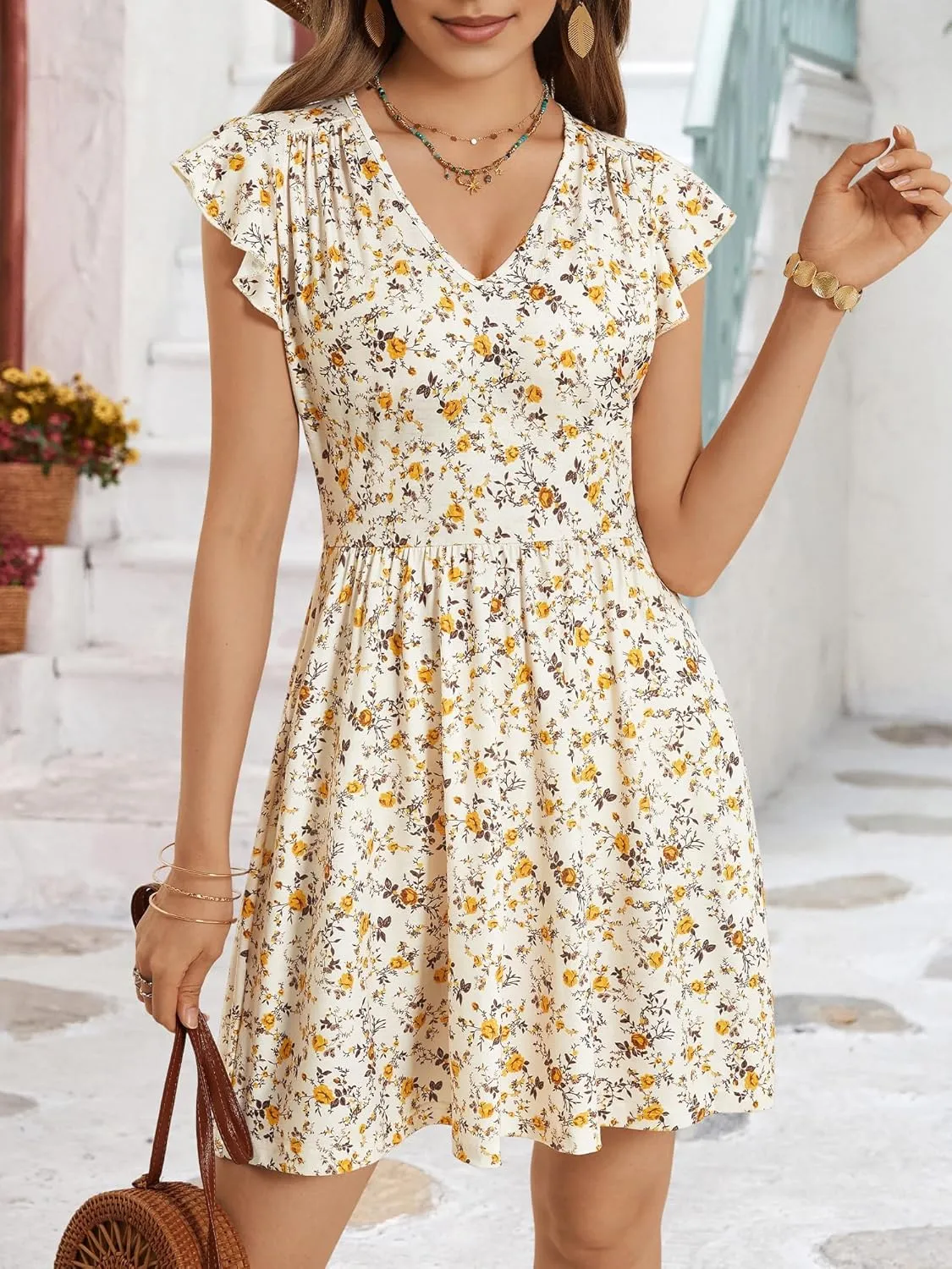 HUHOT Women's Summer Casual Sundresses with Pocket V Neck Spring Floral Mini Beach Vacation Dress 2025