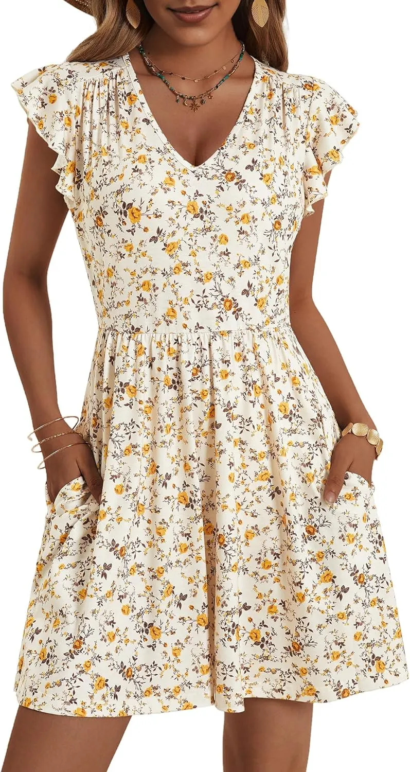 HUHOT Women's Summer Casual Sundresses with Pocket V Neck Spring Floral Mini Beach Vacation Dress 2025
