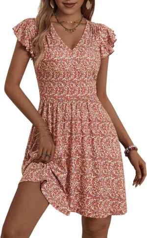HUHOT Women's Summer Casual Sundresses with Pocket V Neck Spring Floral Mini Beach Vacation Dress 2025