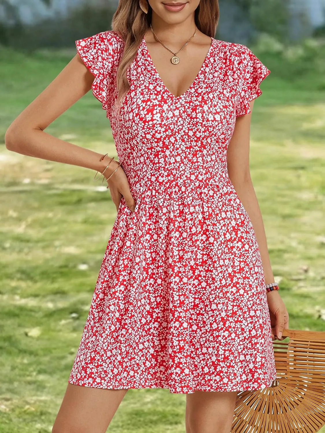 HUHOT Women's Summer Casual Sundresses with Pocket V Neck Spring Floral Mini Beach Vacation Dress 2025