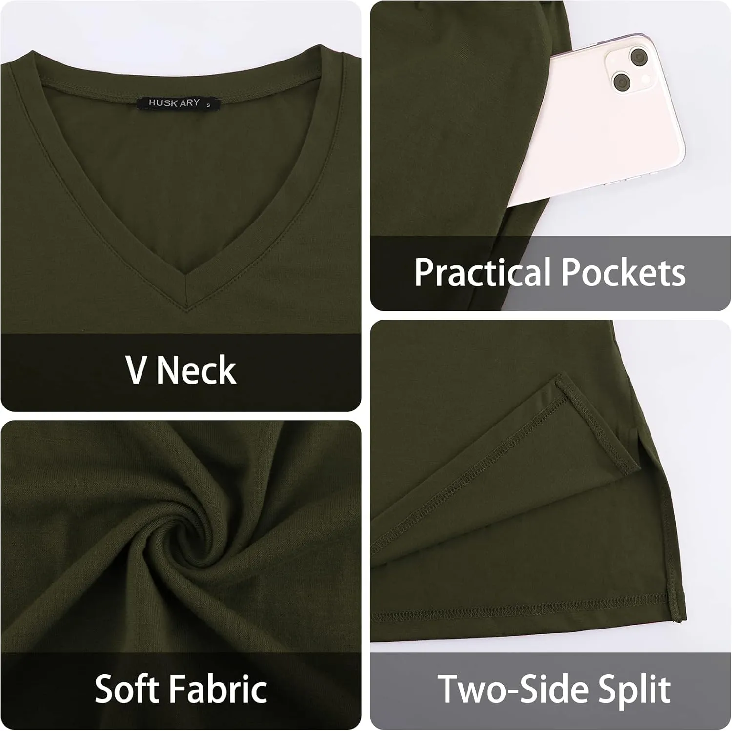 HUSKARY Women Summer Casual Midi Dresses Short Sleeve V Neck Drawstring Knee Length T Shirt Dress with Split and Pocket