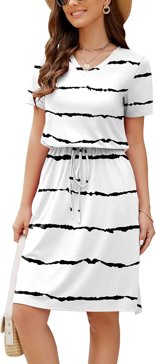 HUSKARY Women Summer Casual Midi Dresses Short Sleeve V Neck Drawstring Knee Length T Shirt Dress with Split and Pocket