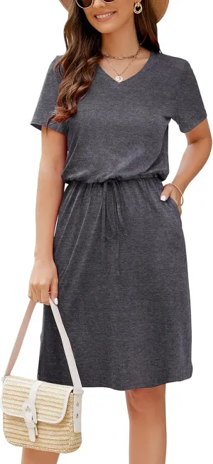HUSKARY Women Summer Casual Midi Dresses Short Sleeve V Neck Drawstring Knee Length T Shirt Dress with Split and Pocket