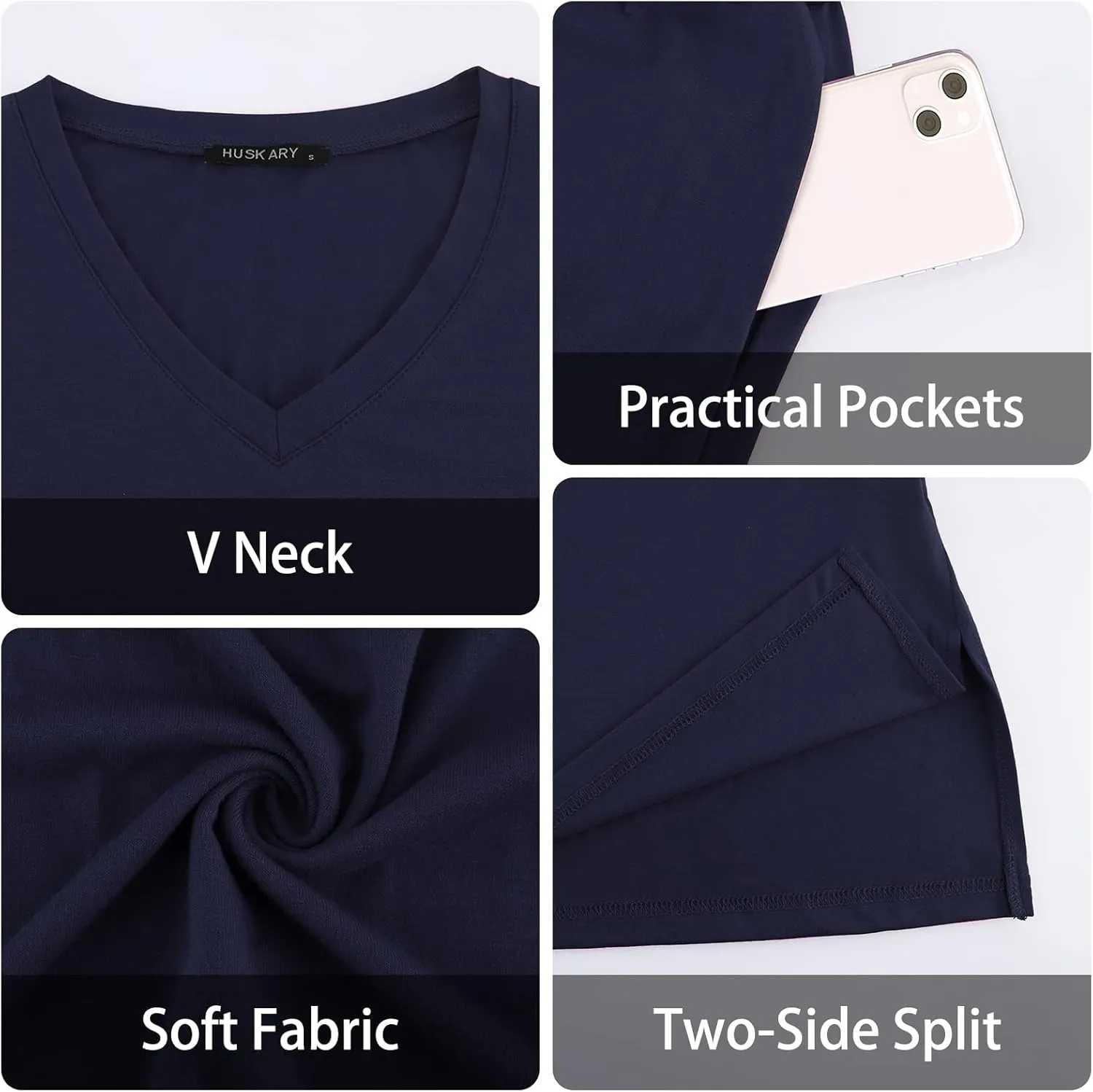 HUSKARY Women Summer Casual Midi Dresses Short Sleeve V Neck Drawstring Knee Length T Shirt Dress with Split and Pocket