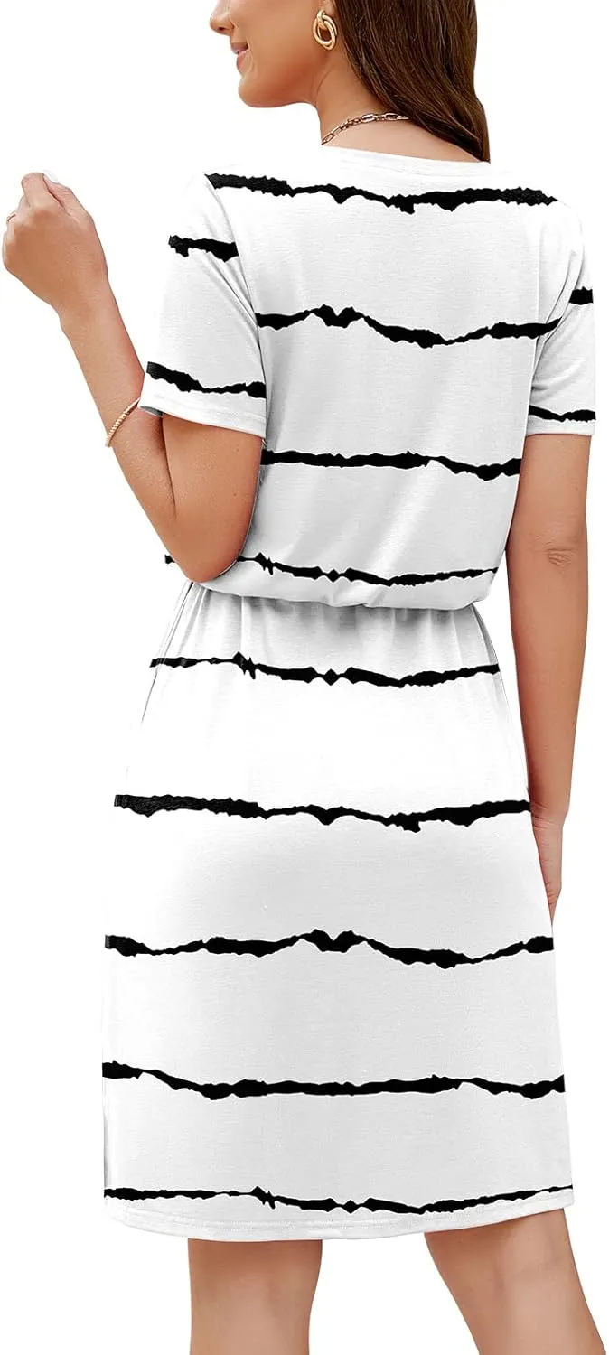 HUSKARY Women Summer Casual Midi Dresses Short Sleeve V Neck Drawstring Knee Length T Shirt Dress with Split and Pocket