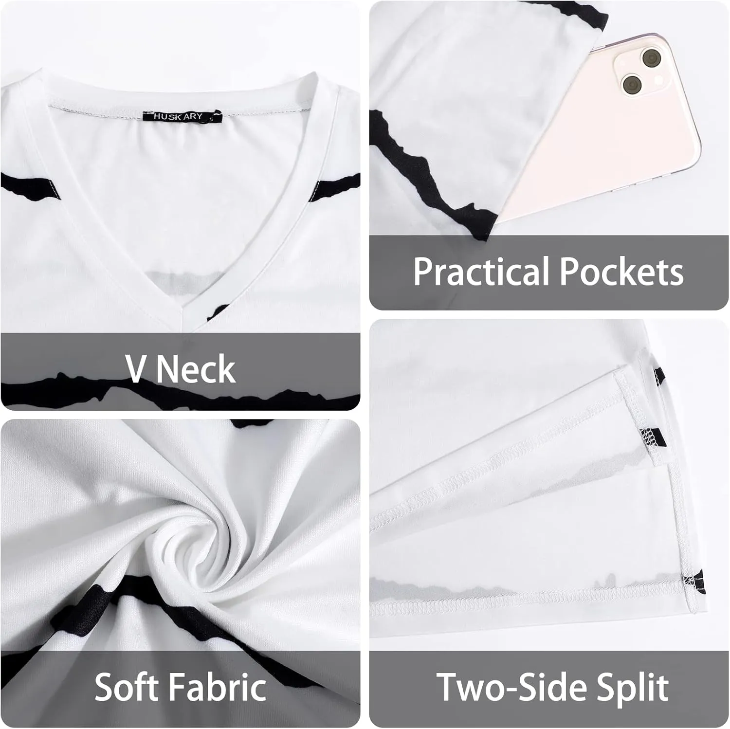HUSKARY Women Summer Casual Midi Dresses Short Sleeve V Neck Drawstring Knee Length T Shirt Dress with Split and Pocket