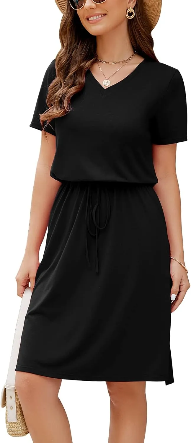 HUSKARY Women Summer Casual Midi Dresses Short Sleeve V Neck Drawstring Knee Length T Shirt Dress with Split and Pocket