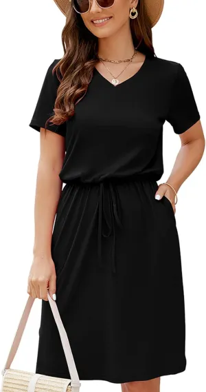 HUSKARY Women Summer Casual Midi Dresses Short Sleeve V Neck Drawstring Knee Length T Shirt Dress with Split and Pocket