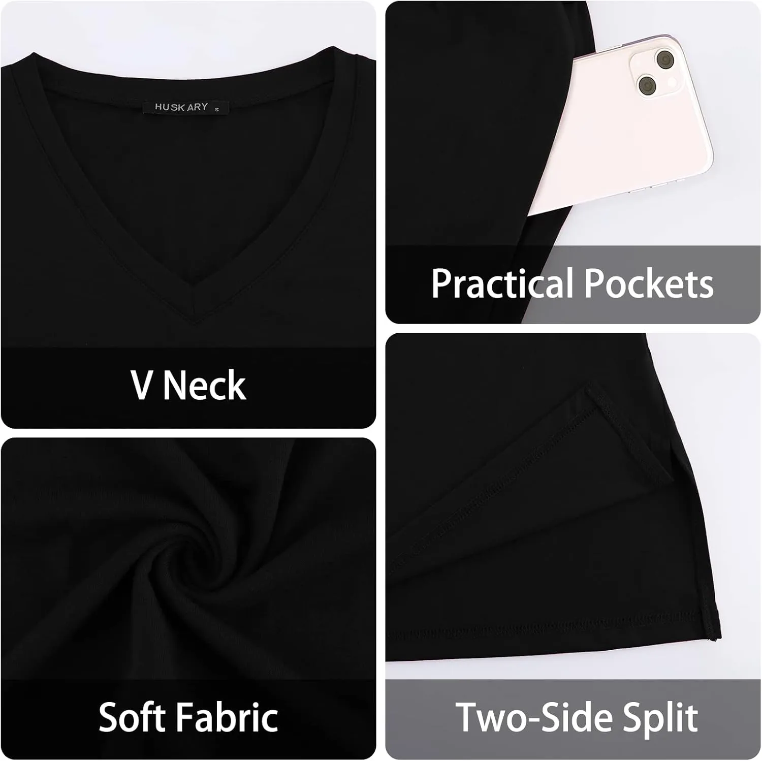 HUSKARY Women Summer Casual Midi Dresses Short Sleeve V Neck Drawstring Knee Length T Shirt Dress with Split and Pocket