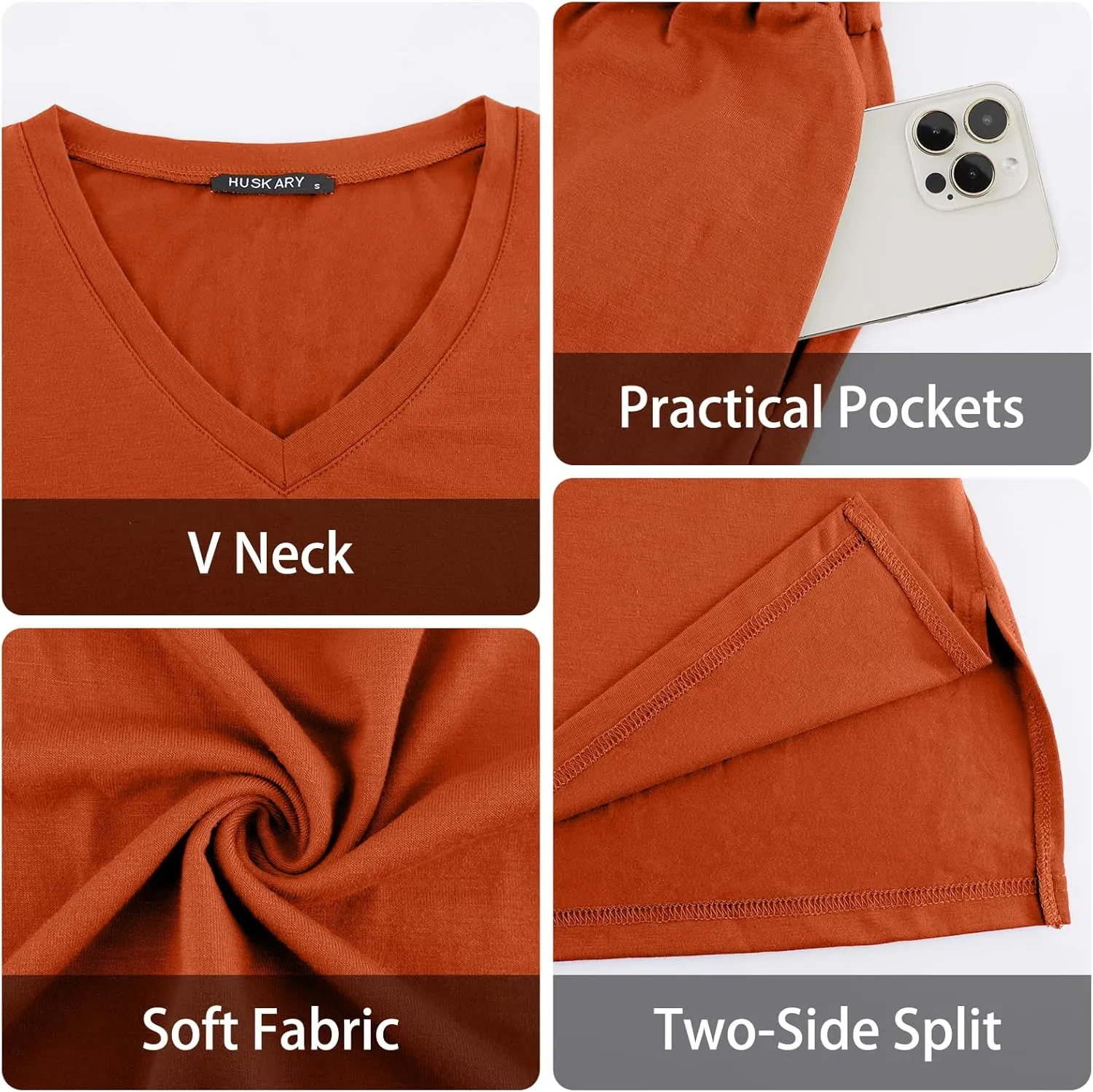 HUSKARY Women Summer Casual Midi Dresses Short Sleeve V Neck Drawstring Knee Length T Shirt Dress with Split and Pocket