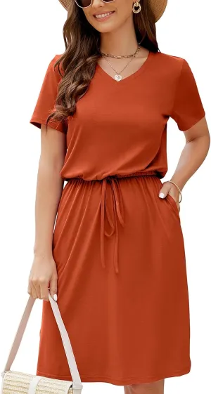 HUSKARY Women Summer Casual Midi Dresses Short Sleeve V Neck Drawstring Knee Length T Shirt Dress with Split and Pocket