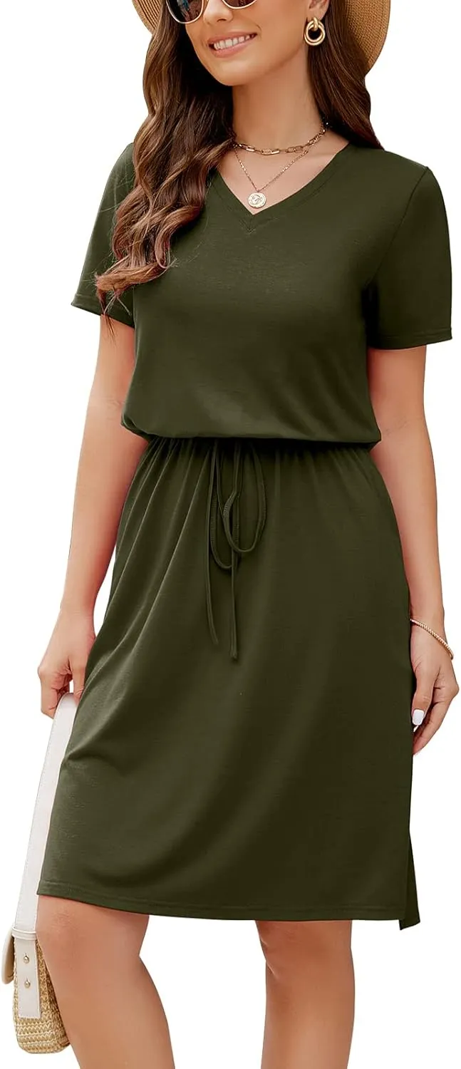 HUSKARY Women Summer Casual Midi Dresses Short Sleeve V Neck Drawstring Knee Length T Shirt Dress with Split and Pocket
