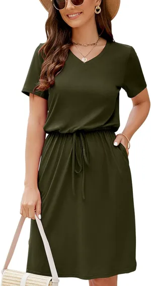 HUSKARY Women Summer Casual Midi Dresses Short Sleeve V Neck Drawstring Knee Length T Shirt Dress with Split and Pocket