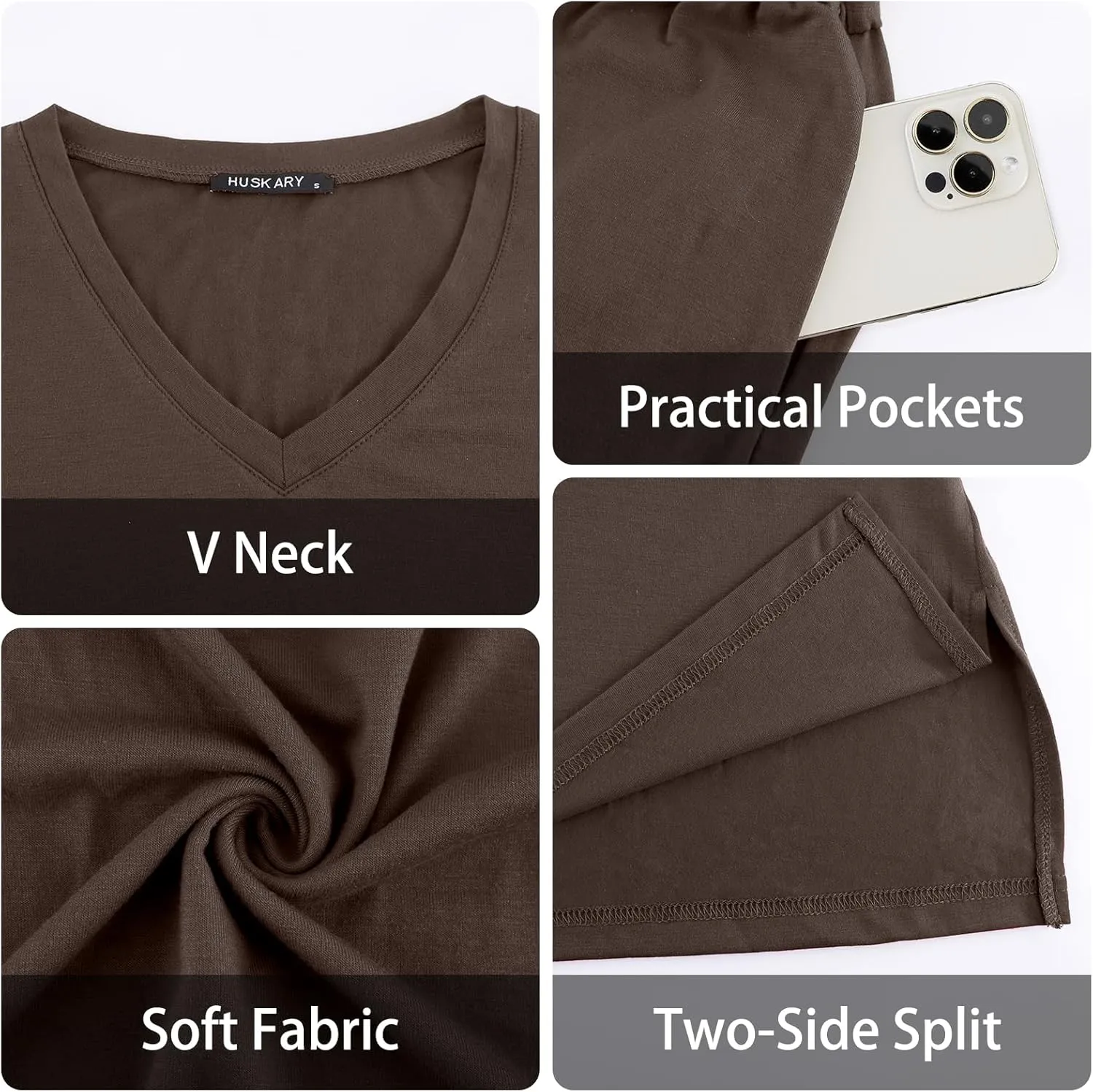 HUSKARY Women Summer Casual Midi Dresses Short Sleeve V Neck Drawstring Knee Length T Shirt Dress with Split and Pocket