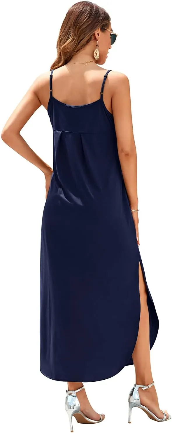 HUSKARY Women's Summer Casual Sleeveless V Neck Strappy Split Loose Dress Beach Cover Up Long Cami Maxi Dresses with Pocket