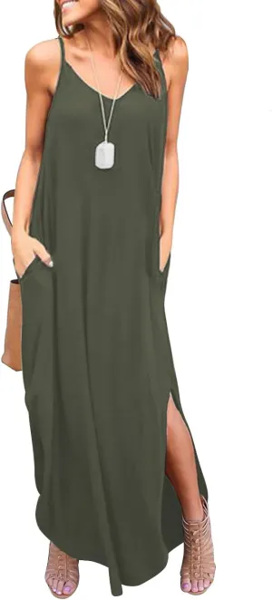 HUSKARY Women's Summer Casual Sleeveless V Neck Strappy Split Loose Dress Beach Cover Up Long Cami Maxi Dresses with Pocket