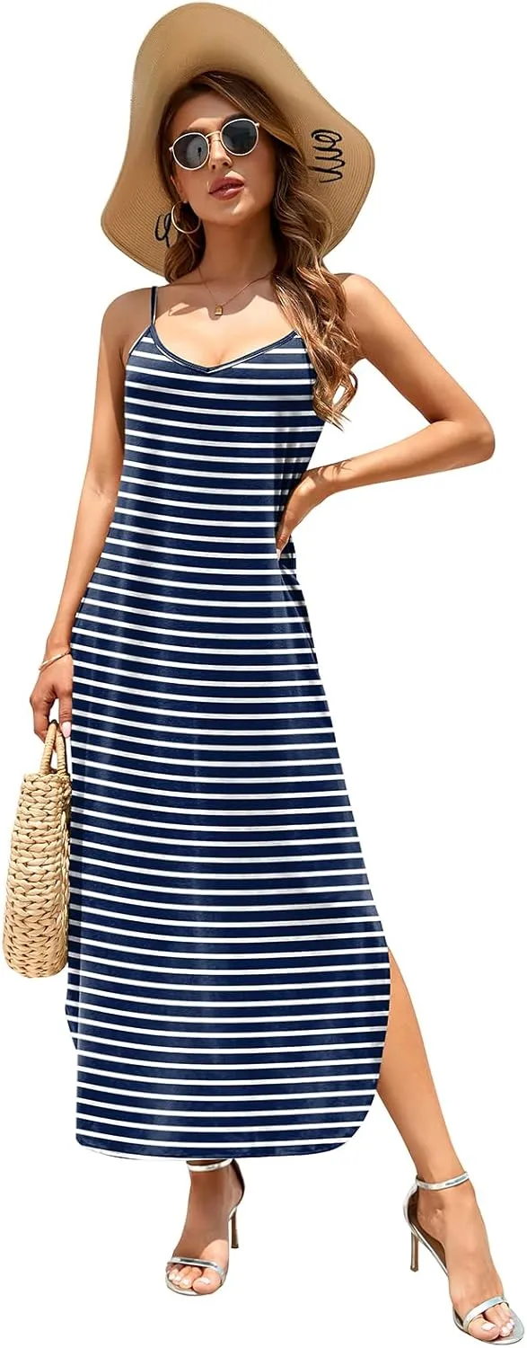 HUSKARY Women's Summer Casual Sleeveless V Neck Strappy Split Loose Dress Beach Cover Up Long Cami Maxi Dresses with Pocket